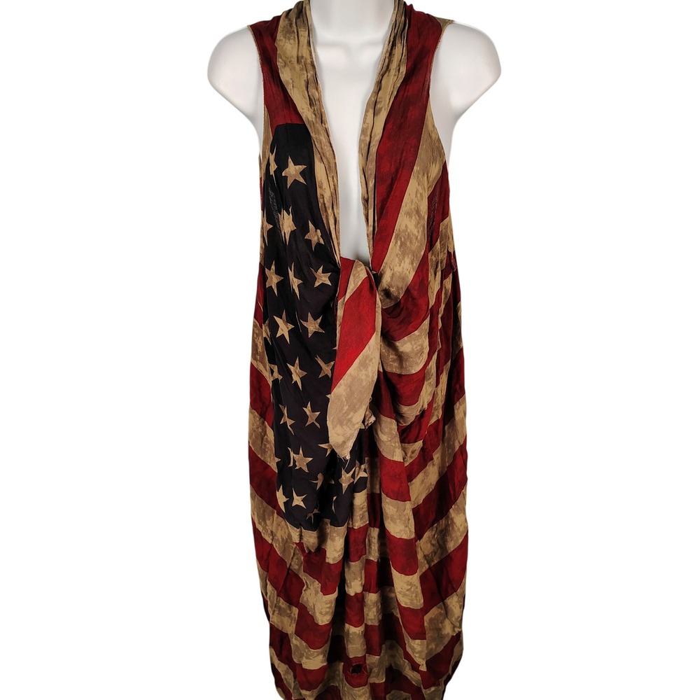 Advance Apparels American Flag Vest Distressed Tea Stained Rayon Free Size USA